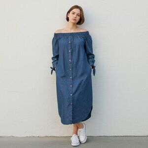 NEW SACRED THREADS SZ L/XL Chambray Off-Shoulder Button-Down Midi Dress in Blue